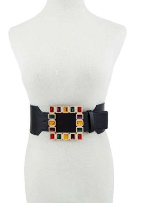 Wide Elastic Belt with Multi Color Stone Square Buckle